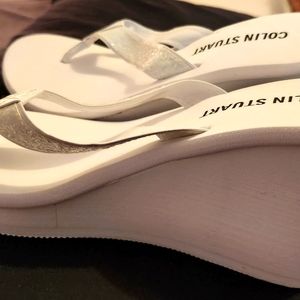 Women's Sz 6 White Glitter Wedge Flip Flop